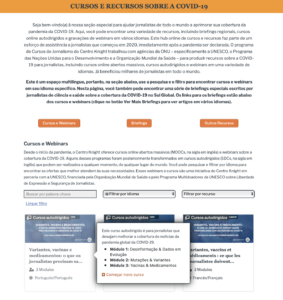 COVID-19 Courses and Resources Hub homepage in Portuguese